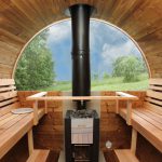 kaja 400 dt barrel sauna with porch & changing room & half moon glass back