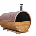 kaja 400 dt barrel sauna with porch & changing room & half moon glass back